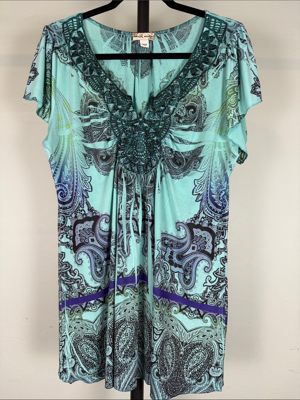 Mint Green Paisley Embellished V-Neck Tunic Top